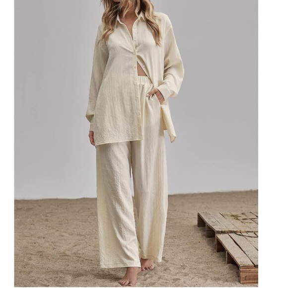 2 Piece Outfits Wide Leg Pants Set Cream Textured Lounge Set Size 2XL - Picture 1 of 5